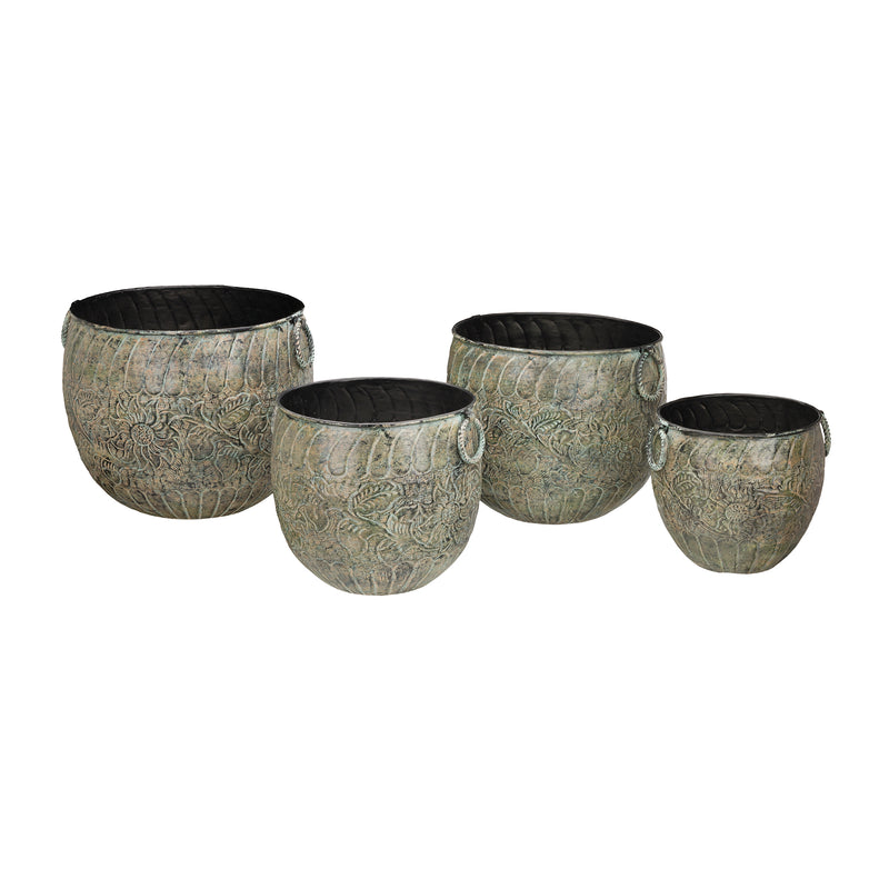 Set of 4 green metal outdoor flower planters with embossed texture, black liners