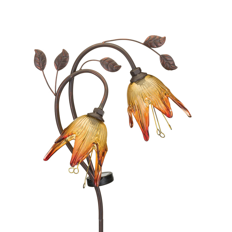 Set of 2 amber solar flower garden stakes with leaf accents and curved metal stems