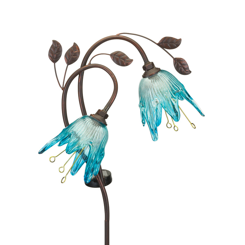 Set of 2 blue solar garden stakes with double flower light clusters and leaf stems
