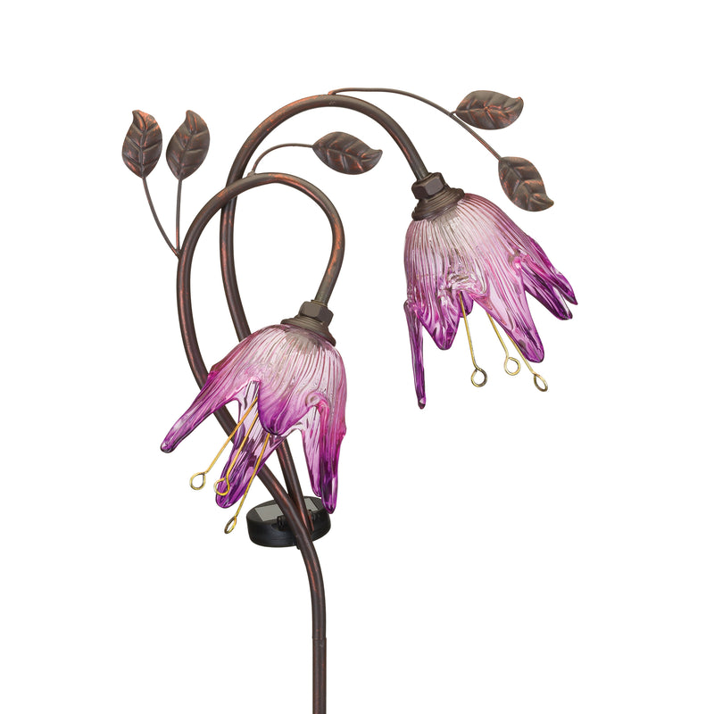Purple solar garden stake set of 2, double flower design with metal leaves and bulbs