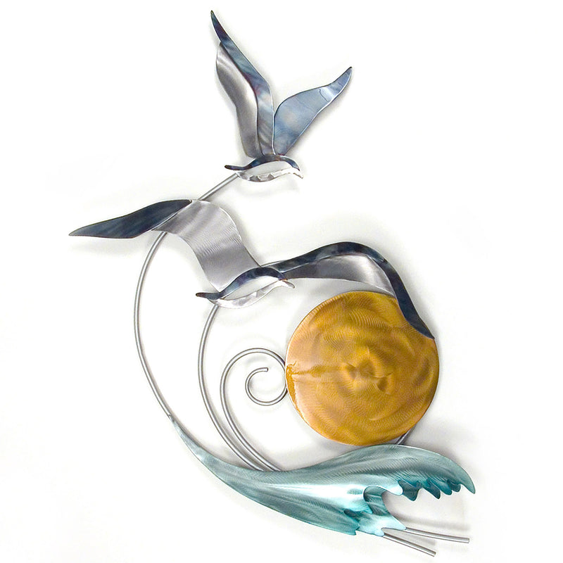 Stainless steel abstract seagull wall art with silver wings, teal accents, gold circle