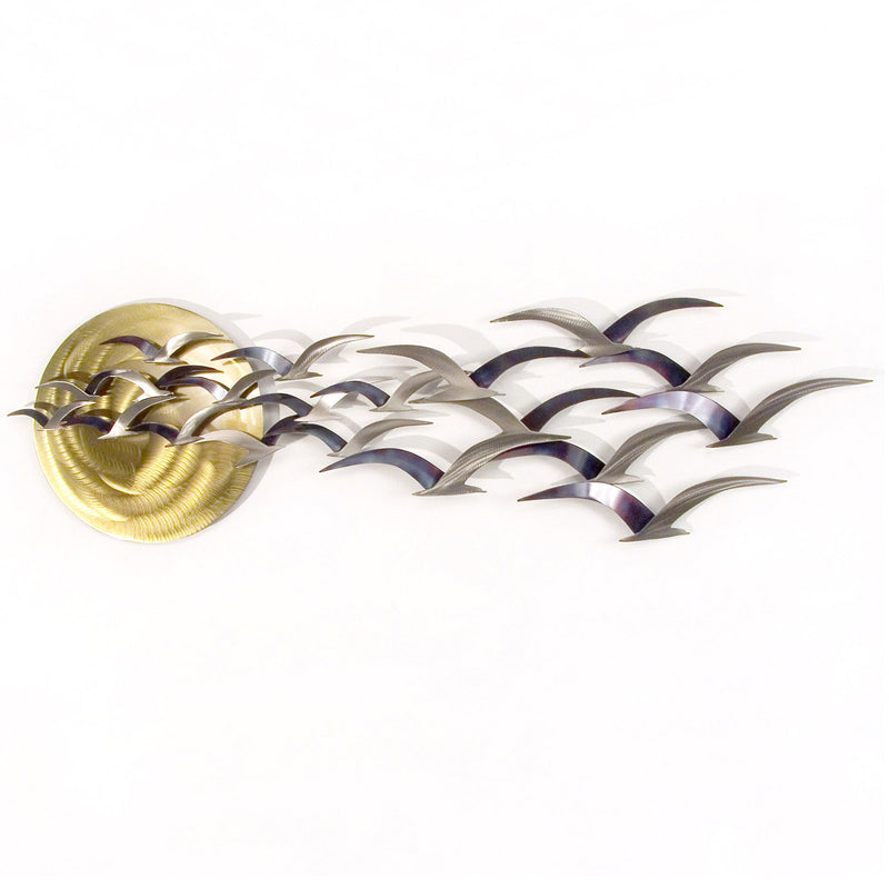 Abstract seabird wall art in metallic gold and silver stainless steel