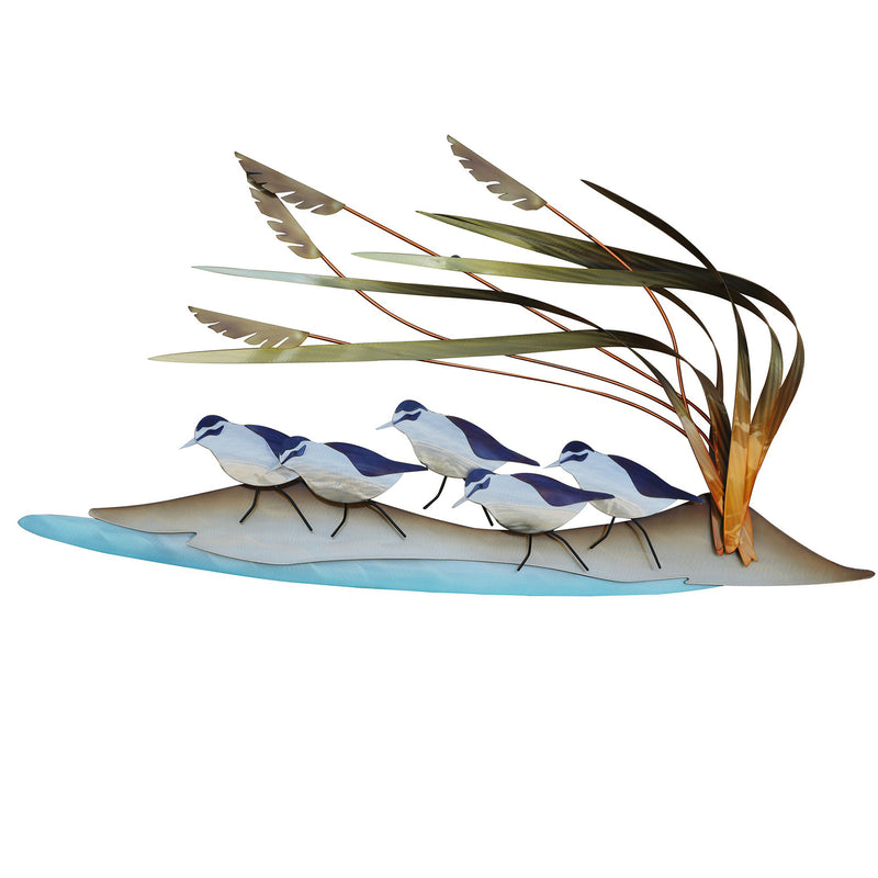 Abstract beach sandpipers wall art with blue wave base, white and navy metal birds, copper accents