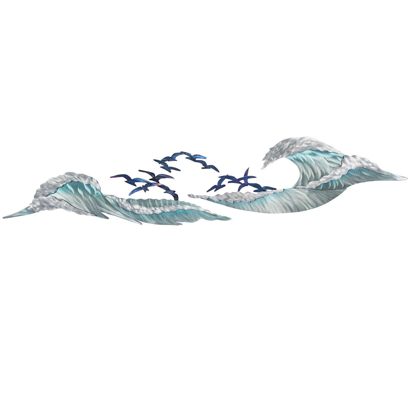 Abstract ocean wave wall art with blue flock and silver, wave-shaped stainless steel pieces