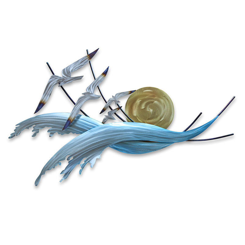 Abstract wave riders wall art with metallic blue fins and a gold circular disc
