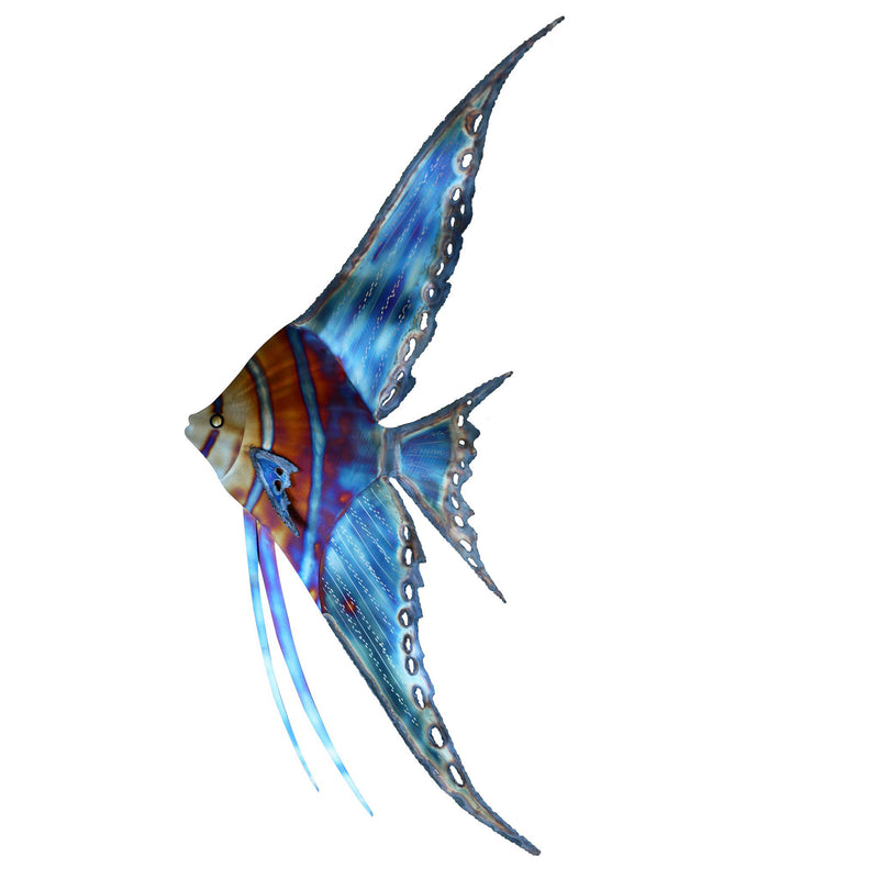 Stainless steel abstract left-facing angelfish wall art in blue and purple