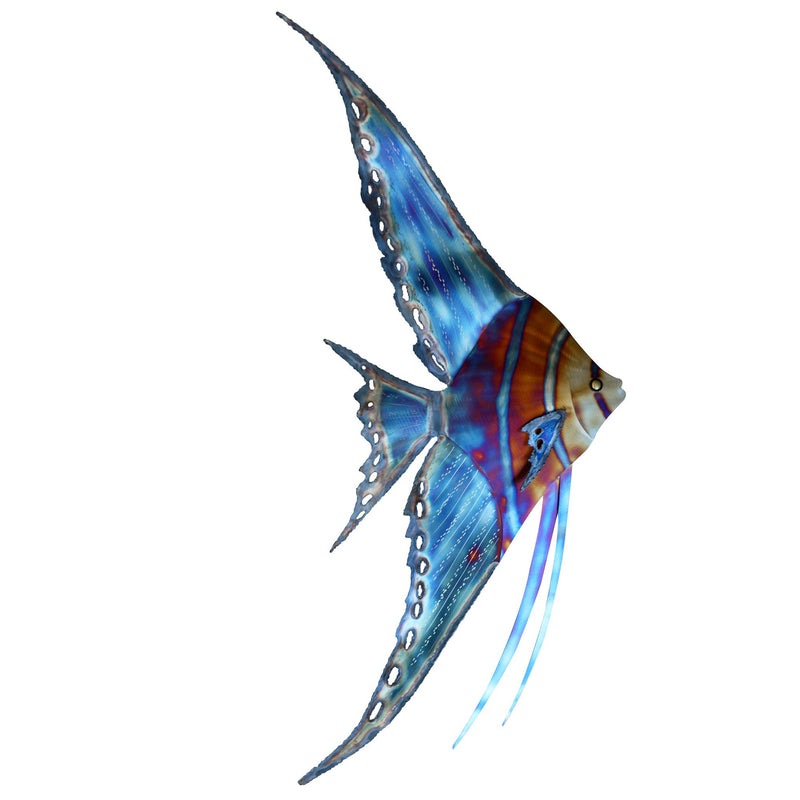 Abstract right-facing angelfish wall art, blue and copper stainless steel metal