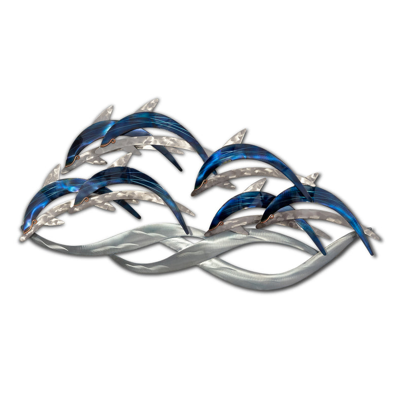 Stainless steel dolphin wall art with blue-accent swimming dolphins and waves