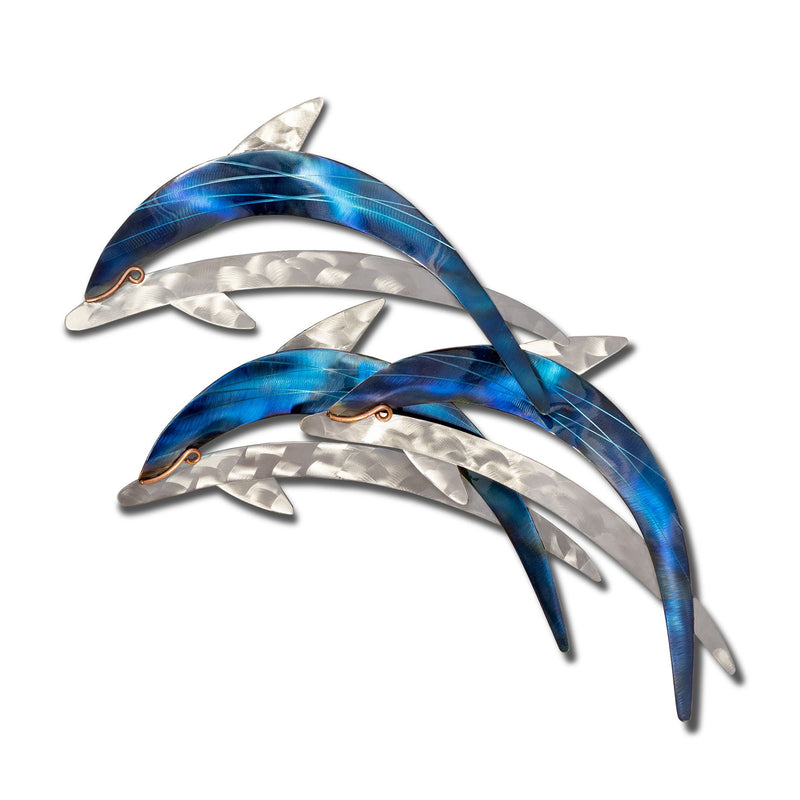 Stainless steel dolphin wall art with blue wave accents, three dolphins in motion