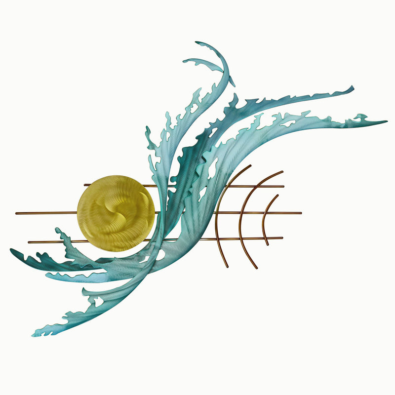 Stainless steel sunrise waves wall art with teal waves, gold sun disc, bronze rays