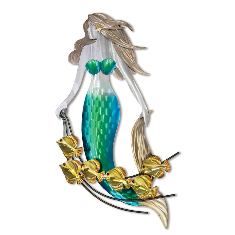 Stainless steel mermaid wall art, teal tail with gold fish