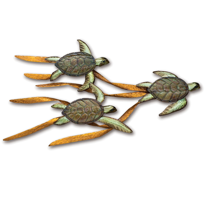 Stainless steel baby sea turtles wall art, three turtle figures with orange flippers