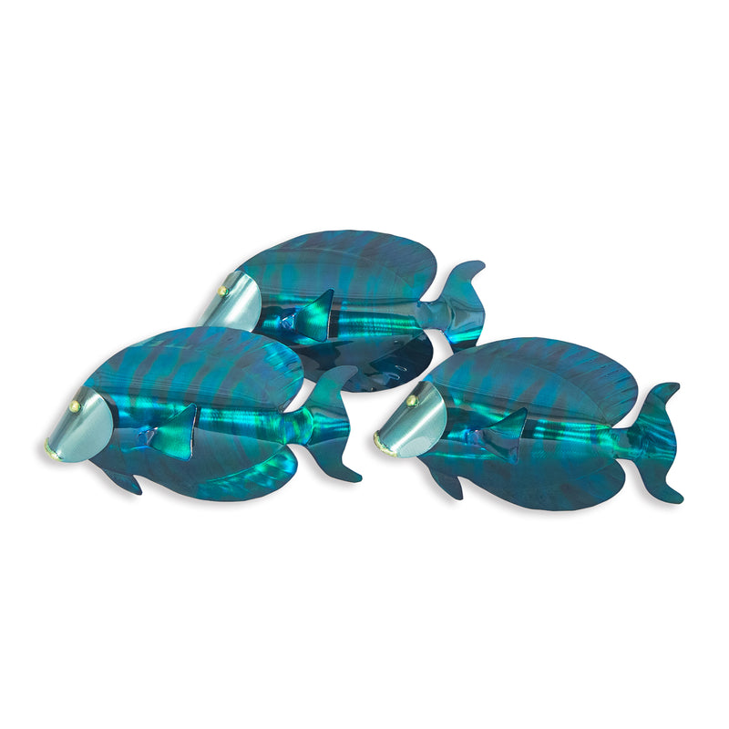 Stainless steel tang fish wall art set of 3, teal and blue reflective metal