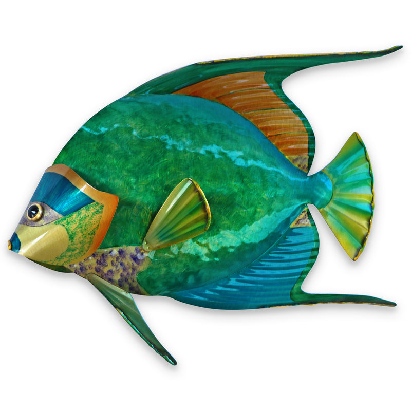 Stainless steel angelfish wall art, 3D teal-green fish with gold details and fins