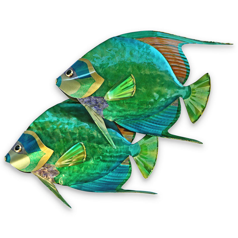 Pair of green metal angelfish wall art with fins and scales