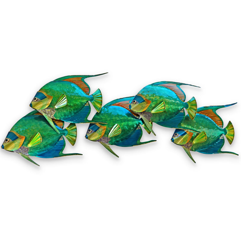Five queen angelfish metal wall art, blue and green fish silhouettes