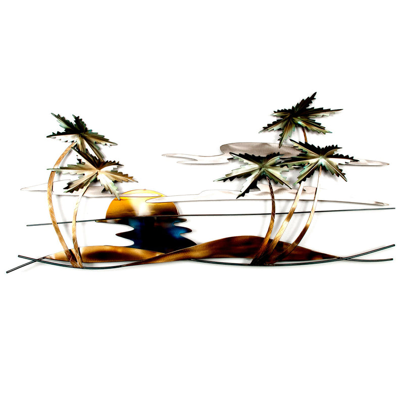 Stainless steel tropical palm tree wall art with curved metal frame and reflective leaves