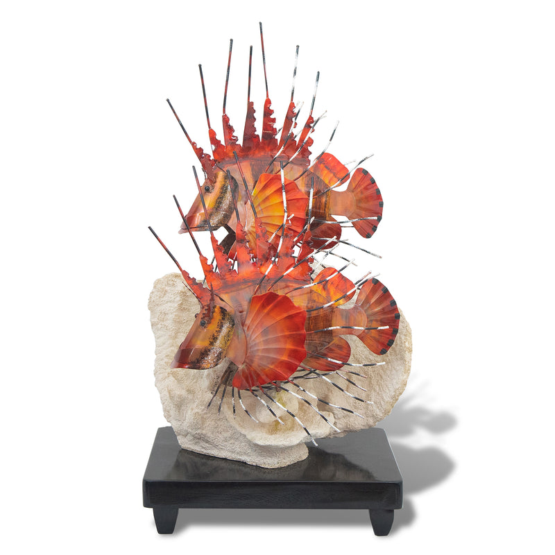 T.I. Design stainless steel lion fish sculpture, red fins on stone base with dark stand