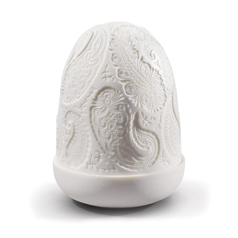 Lladro paisley porcelain dome lamp in white, embossed floral pattern with rounded base