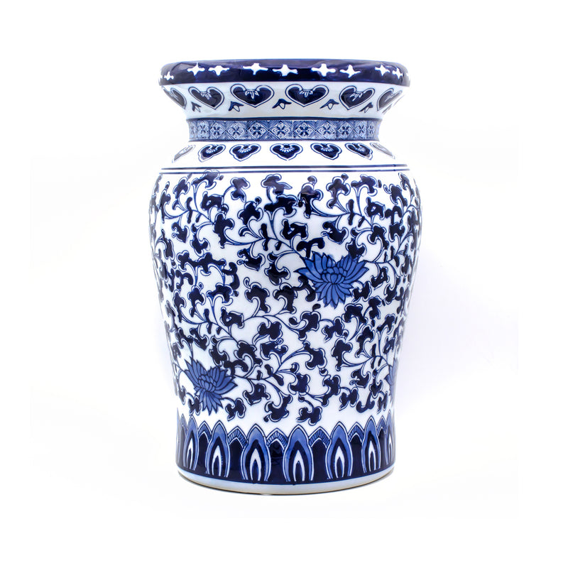Blue and white porcelain lotus garden stool with ornate floral pattern and wide rim