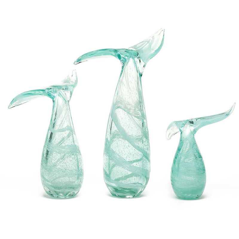 Set of 3 aqua glass whale-tail vases with sculpted spouts