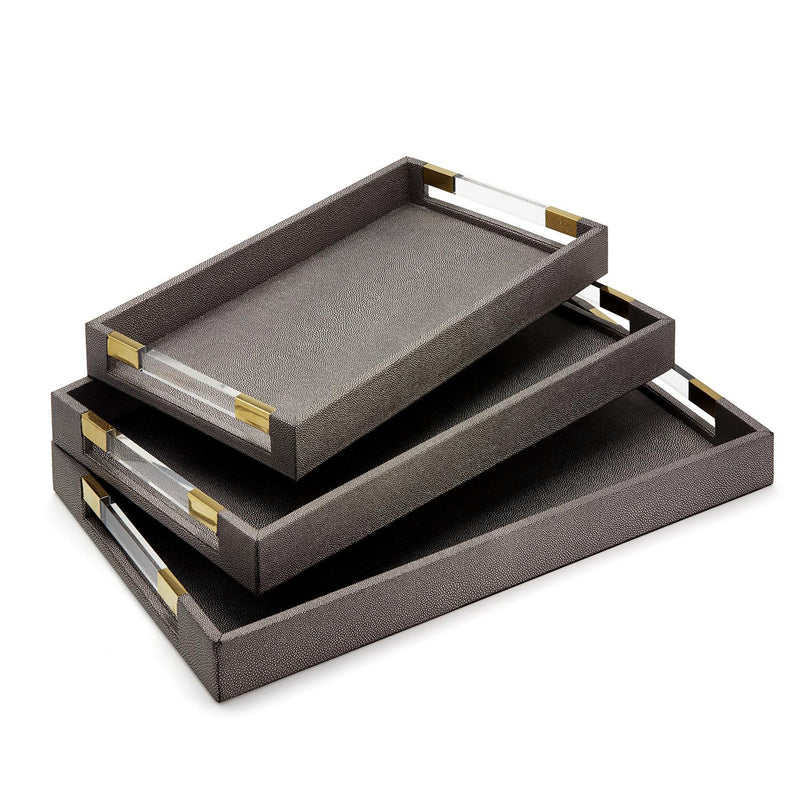Set of 3 gray faux leather decorative trays, stacked rectangular with gold corner accents