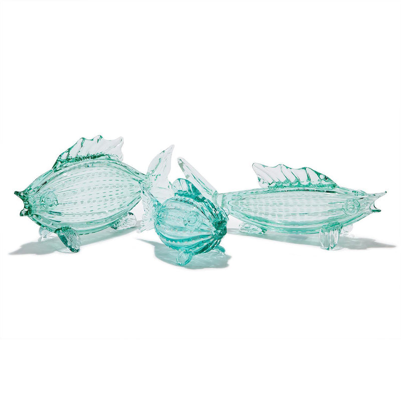 Set of 3 aqua glass fish figurines, three translucent teal fish sculptures
