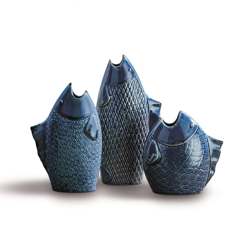 Set of 3 blue porcelain fish-shaped vases with open tops