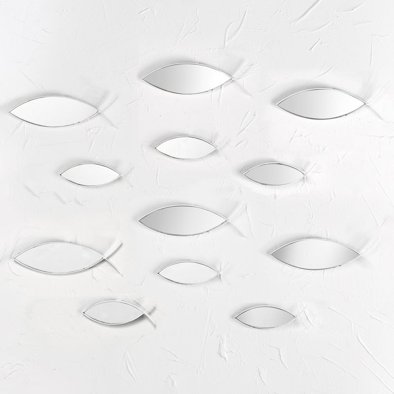 Set of 12 mirrored fish wall art, silver reflective fish shapes