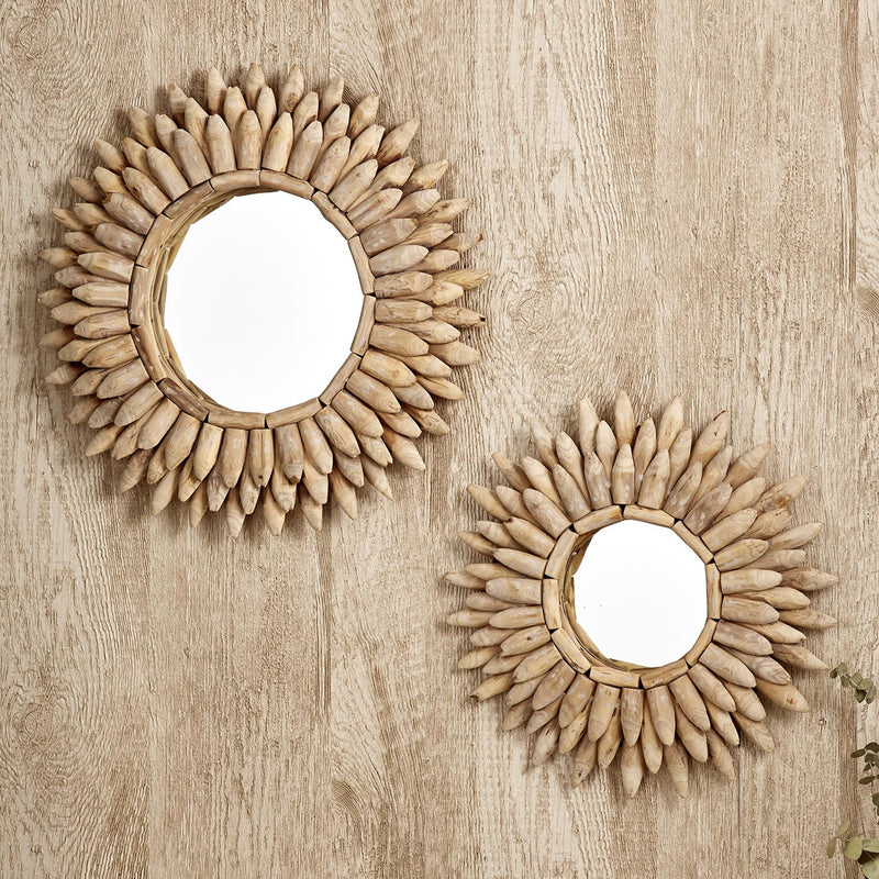 Driftwood set of 2 round mirrors with carved light-wood frames and scalloped edges