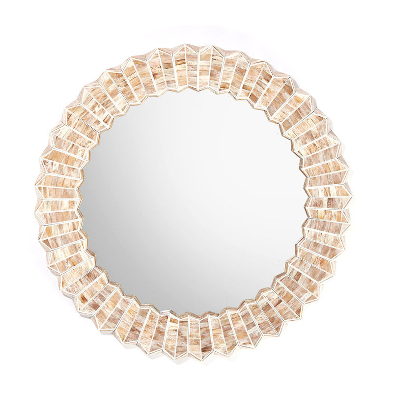 Round beige chevron wall mirror with faceted glass tile frame