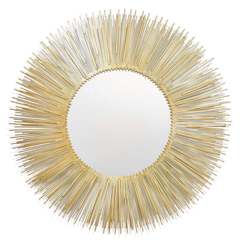 Round wire wall mirror with gold ridged spokes and white glass center