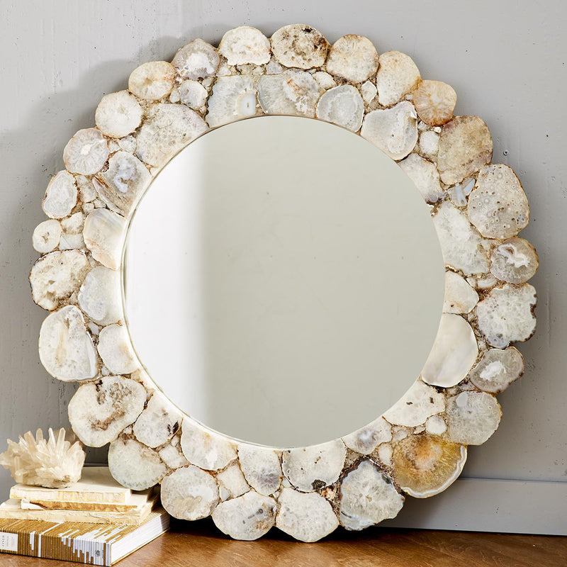 Round wall mirror with white and gray agate stone mosaic frame