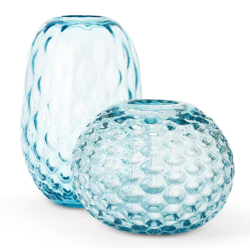 Set of 2 blue honeycomb glass vases: tall and round textured forms