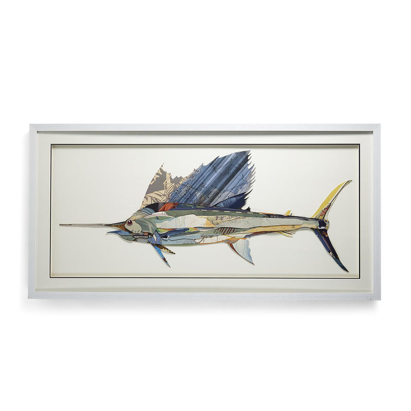 Framed swordfish paper collage wall art, blue and tan fish with long bill
