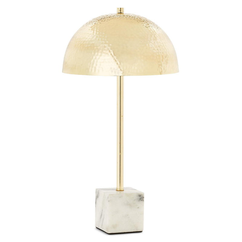 Hammered brass and marble table lamp with dome shade and marble block base