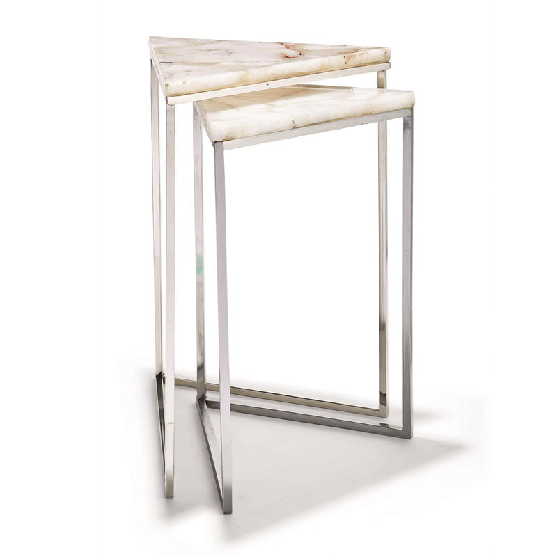 Set of 2 triangular white agate nesting side tables with metal frames