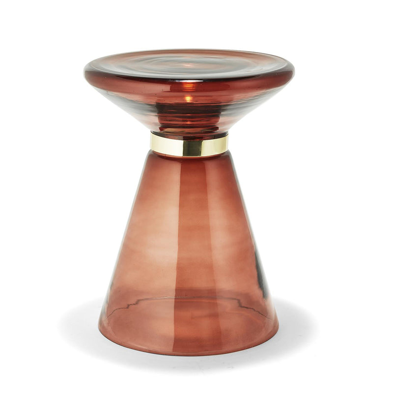 Amber glass side table with hourglass shape and gold-toned rim, circular top