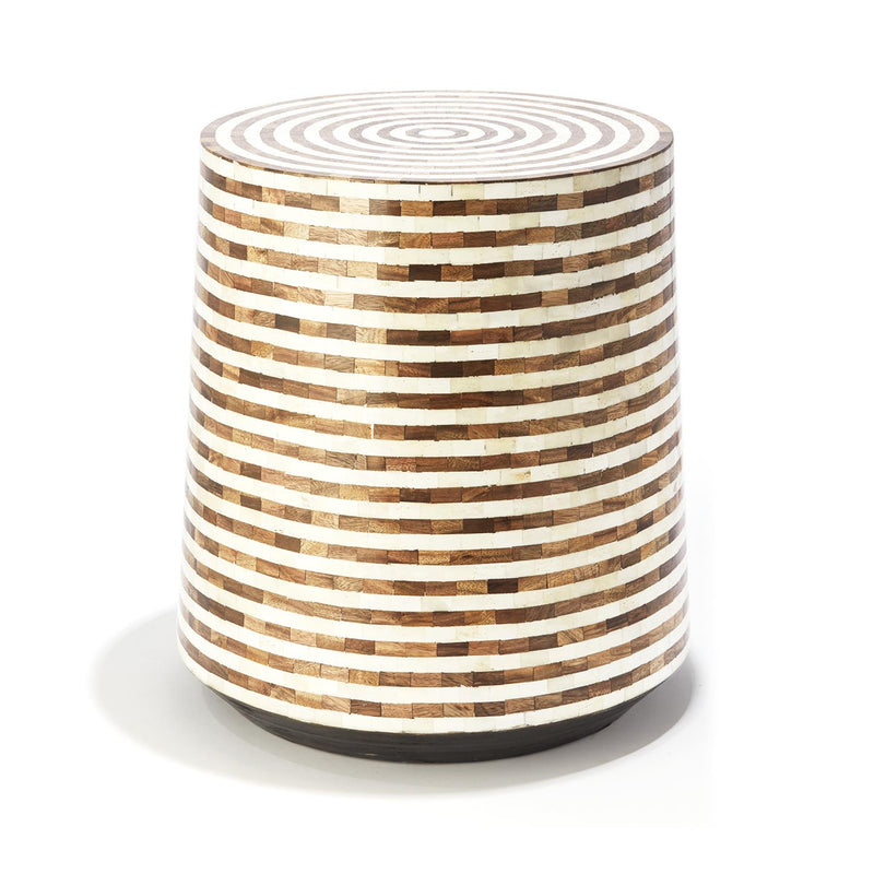 Round mosaic wooden side table with white and brown striped pattern top