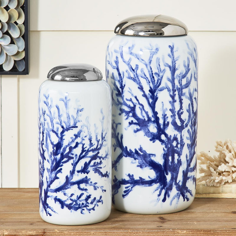 Set of 2 porcelain storage jars with blue coral-style prints and chrome-look lids