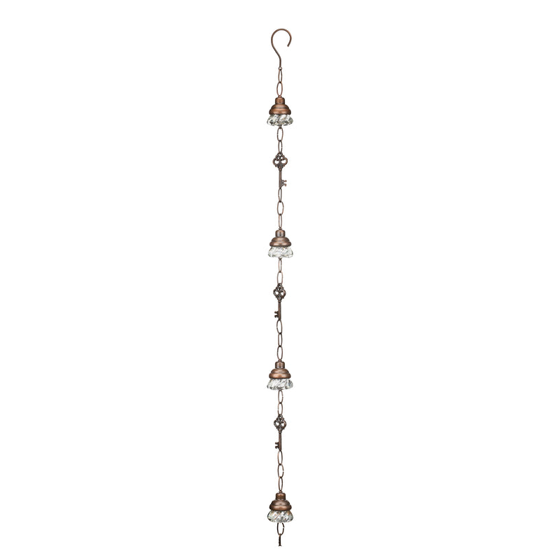 Door knob rain chain with vertical metal links and small cup ornaments, dark bronze tone