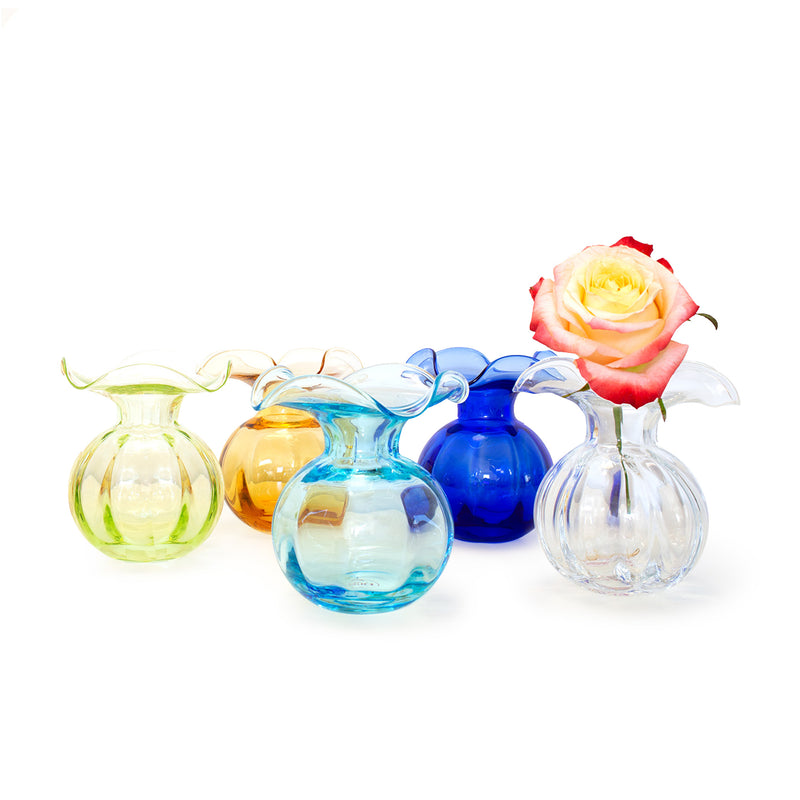 Vietri Hibiscus small glass bud vases, clear, blue, amber, and green with rose