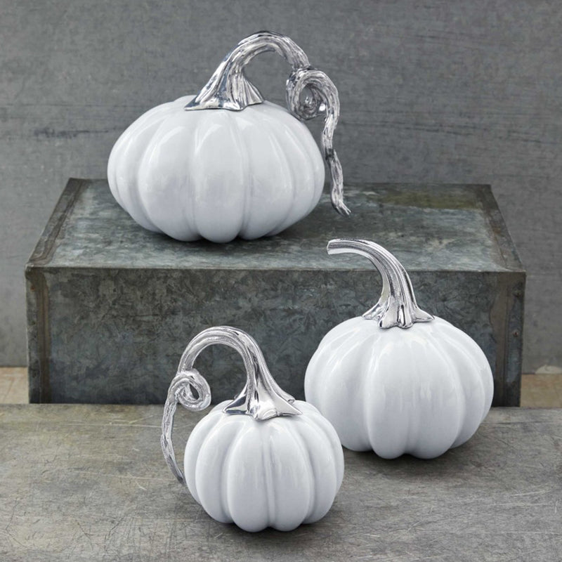 Mariposa white ceramic pumpkin set with three ribbed pumpkins and metal stems