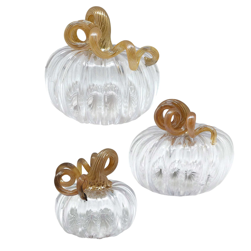 Clear glass pumpkin decor with gold swirling stem details