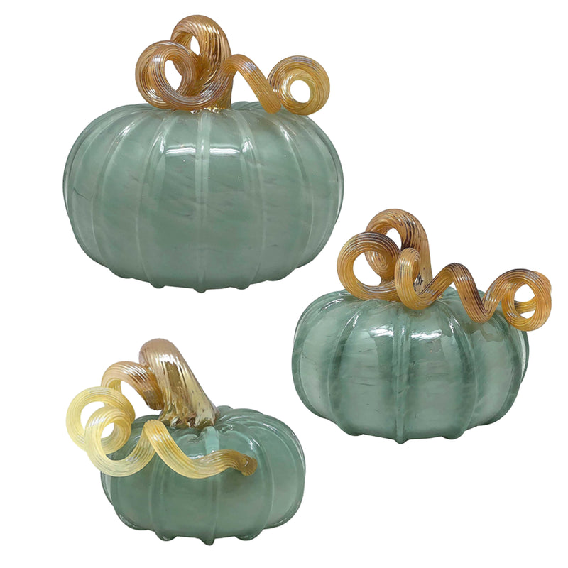Mariposa teal glass pumpkins with gold swirl stems, decorative set of three