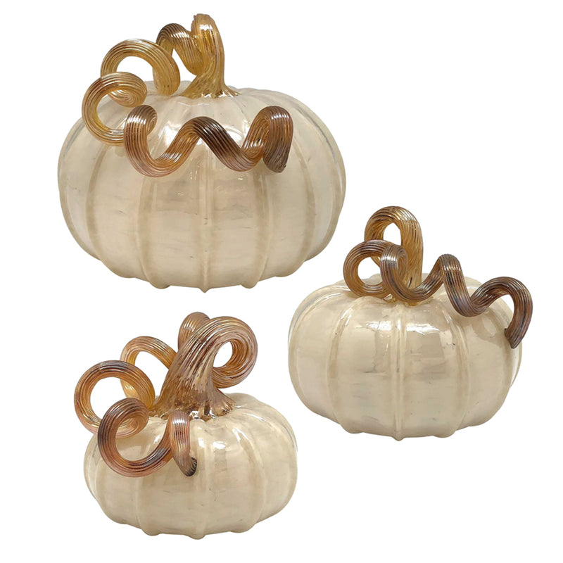 Mariposa white glass pumpkin decor with gold swirl stem, three-piece set