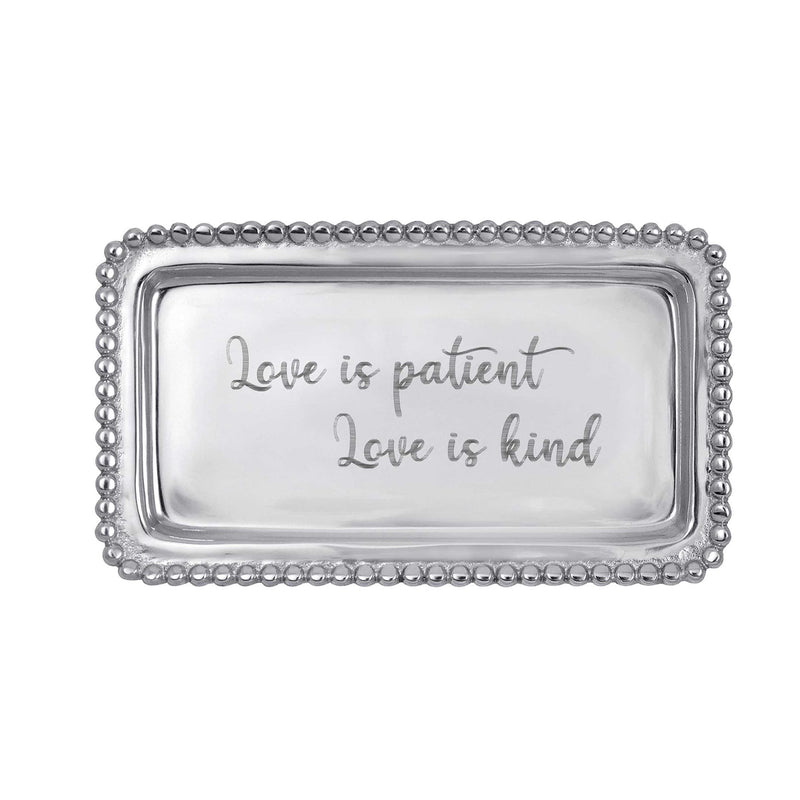 Rectangular beaded tray with silver rim, glass insert: 'Love is patient, Love is kind'.