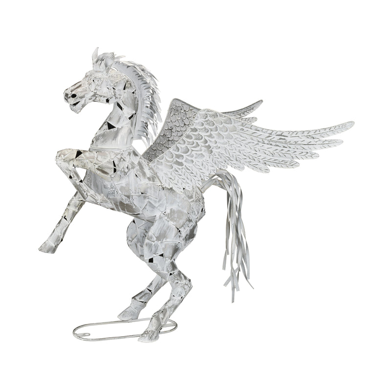 Silver metal pegasus garden statue with wings, decorative harness and reins