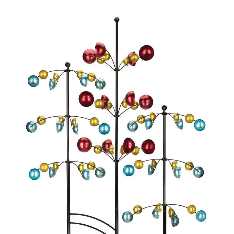 Triple-stance metal outdoor wind spinner with red, gold, blue rotating spheres