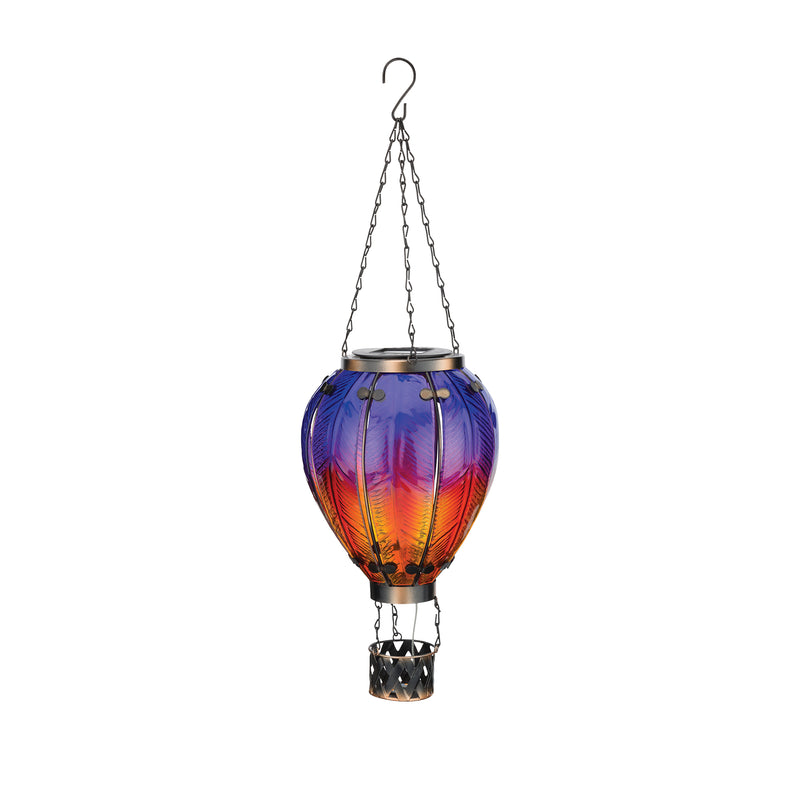 Solar-powered hot air balloon lantern in purple and amber glass with hanging chain